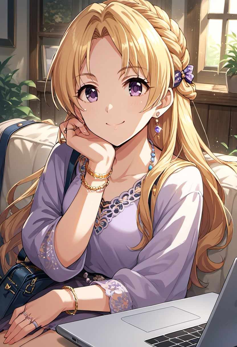 score_9, score_8_up, score_7_up, source_anime,kiryuu tsukasa, blonde hair, purple eyes, long hair, 1girl, jewelry, bag, solo, earrings, ring, braid, bracelet, french braid, laptop, smile, sitting