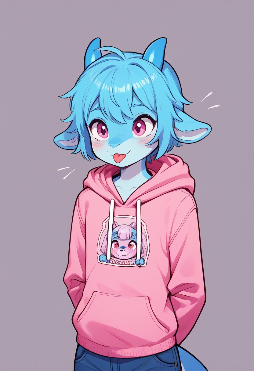 (easynegative 1) dragon, anthro, furry, young, miniature, male, closed mouth, only top, small horns, blue body, girly, tongue, hands behind back,  blep, hoodie, solo, looking at, cute, , good_hands