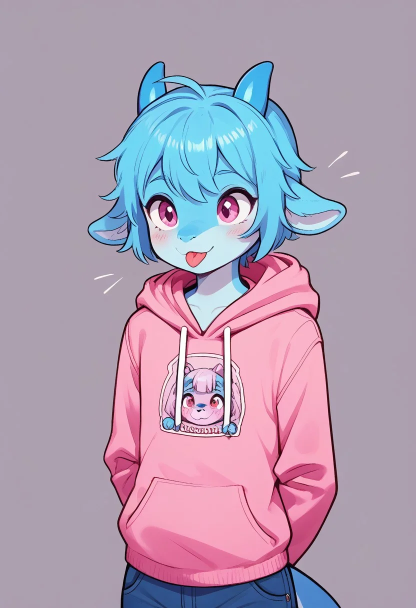 (easynegative 1) dragon, anthro, furry, young, miniature, male, closed mouth, only top, small horns, blue body, girly, tongue, hands behind back, blep, hoodie, solo, looking at, cute, , good_hands