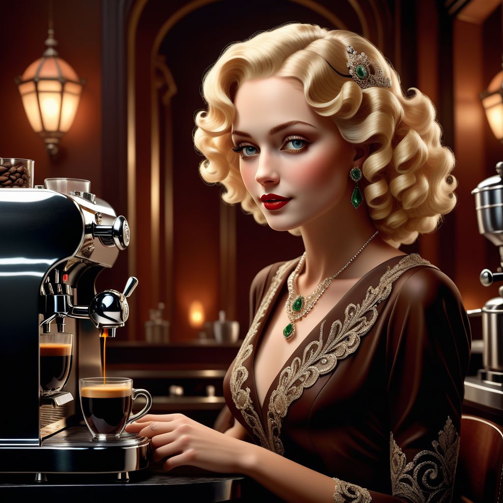1920 art deco painting of a beautiful woman sitting next to an espresso machine enjoying a cup of fresh brewed espresso, blonde curly hair,  art by alexeyegorov
BREAK 
Deep dark intense brown misty background, Dark theme, dynamic lighting, (soft shadows), (soft focus), (photo realistic), uhd, 8k