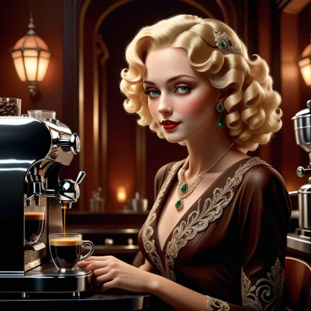 1920 art deco painting of a beautiful woman sitting next to an espresso machine enjoying a cup of fresh brewed espresso, blonde curly hair,  art by alexeyegorov
BREAK 
Deep dark intense brown misty background, Dark theme, dynamic lighting, (soft shadows), (soft focus), (photo realistic), uhd, 8k