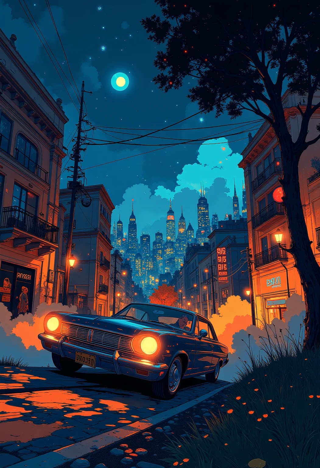 A glowing classic car rolls down a city, starry night, urban life, epic scene, vibrant glow