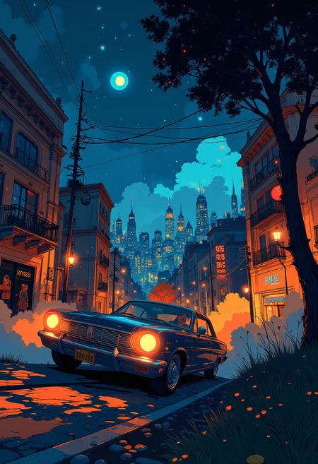 A glowing classic car rolls down a city, starry night, urban life, epic scene, vibrant glow