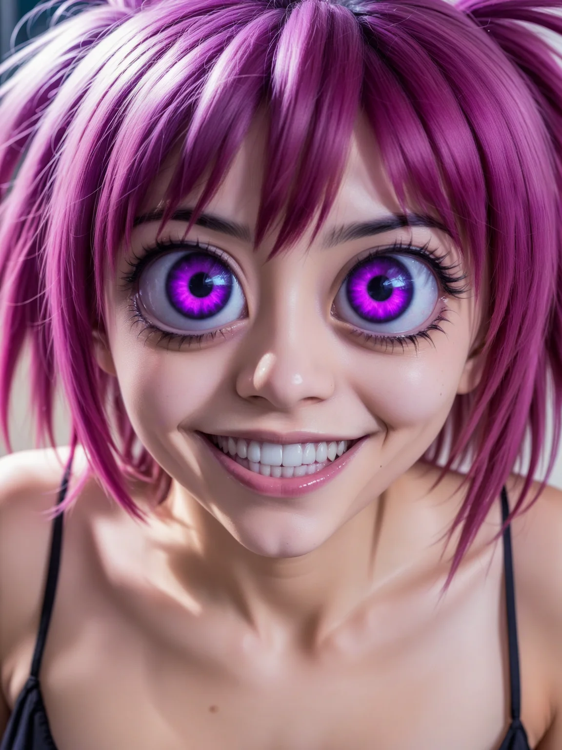<lora:bigeyes-v2_16x8-4x1-000003:1>,
a realistic photograph of woman with anime hair and huge purple anime eyes
grinning