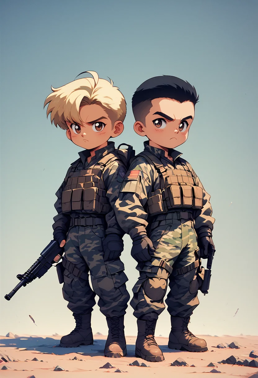 (score_9, score_8_up), score_7_up, 2boys, looking at viewer, black hair, crew cut, blonde hair, mercery, chibi, cute, simple background, brown eyes, gloves, holding, frown, black turtle neck, camouflage, black cargo pants, weapon, ahoge, boots, black gloves, elbow gloves, holding weapon, gun, shadow, holding gun, rifle, load bearing vest, retro
<lora:nostalgia-000011:0.9>   <lora:warcore-000011:0.8>
