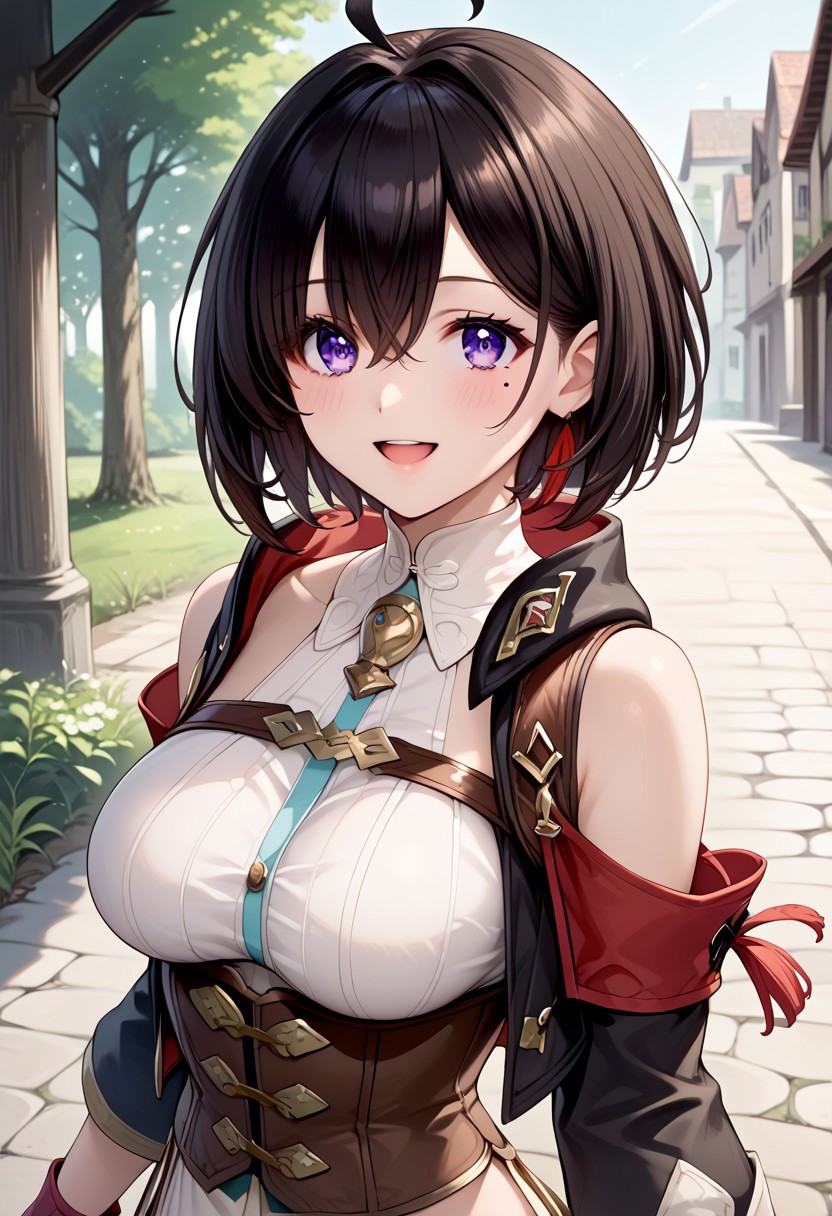 score_9, score_8_up, score_7_up, source_anime, 
detailed eyes, eye reflection,
atelier yumia,
short hair, black hair, ahoge, red hair, bangs, mole, mole under eye, purple eyes,
large breasts,
corset, bare shoulders, black jacket, long sleeves, partially fingerless gloves, red gloves, white shirt,
outdoors,
1girl, solo, blush, smile, open mouth,
dutch angle,