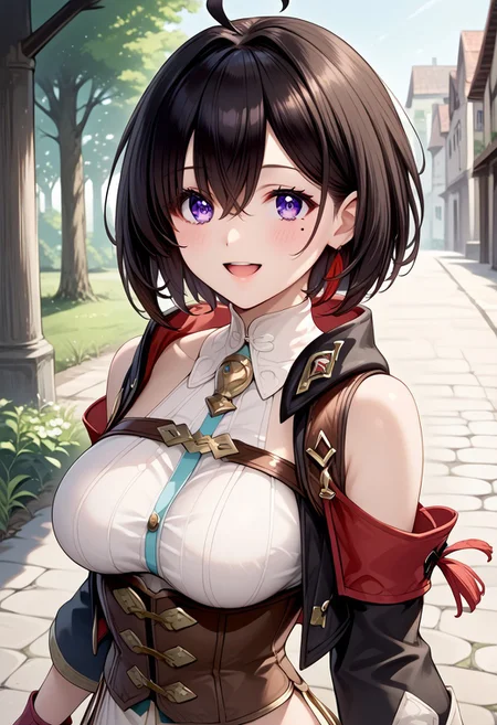 score_9, score_8_up, score_7_up, source_anime,
detailed eyes, eye reflection,
atelier yumia,
short hair, black hair, ahoge, red hair, bangs, mole, mole under eye, purple eyes,
large breasts,
corset, bare shoulders, black jacket, long sleeves, partially fingerless gloves, red gloves, white shirt,
outdoors,
1girl, solo, blush, smile, open mouth,
dutch angle,