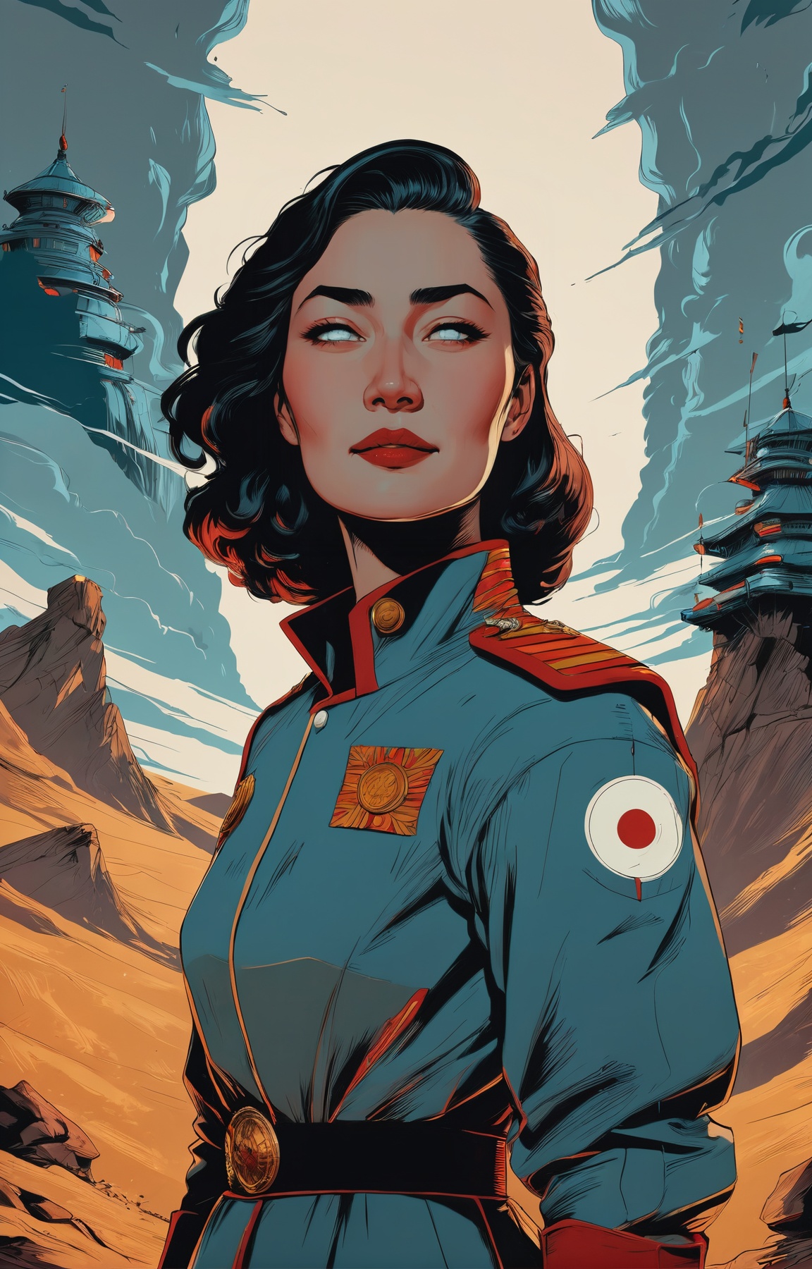 mgcilu, best quality, ultra-detailed, realistic, 1950s poster design in the style mix of artists Greg Manchess, Jamie Hewlett, Joe Sorren, Todd McFarlane, vibrant colors, dynamic composition, expressive portrait 1950s poster of a stunning Mongolian woman with a big smile cosmonaut, beautiful eyes, standing, simple background, head and shoulders shot, arms at sides, hands in pockets, retro-futuristic culture references, comic book aesthetics, strong linework, raw emotion, eye-catching visuals, sketch-like illustrations, visual storytelling, innovative use of color, provocative messages, unique fusion of styles, dynamic contrasts, trending on artstation, intricate details, highly detailed <lora:tag is mgcilu:0.7>