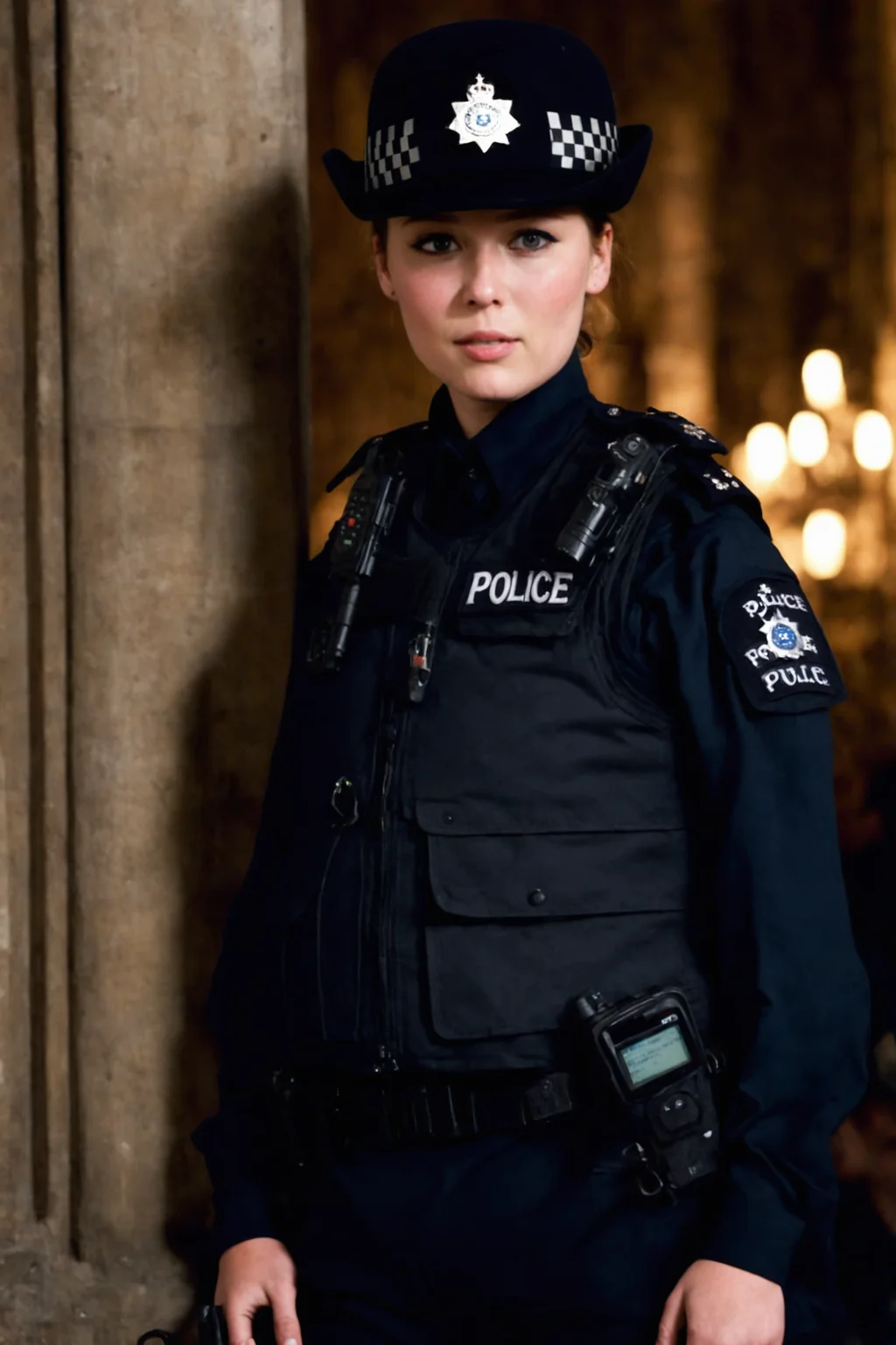 a young woman, <lora:ConstableUniform:1>constableuniform, uniform, hat badge, headwear, black constable hat, police uniform, dark blue collared shirt, black police utility belt, long sleeves, black pants, black footwear, ((solid black necktie)), ((black pulletproof vest)), walkie-talkie, "POLICE" nametag above own left breast pocket, (detailed face), (detailed lips), (detailed eyes)