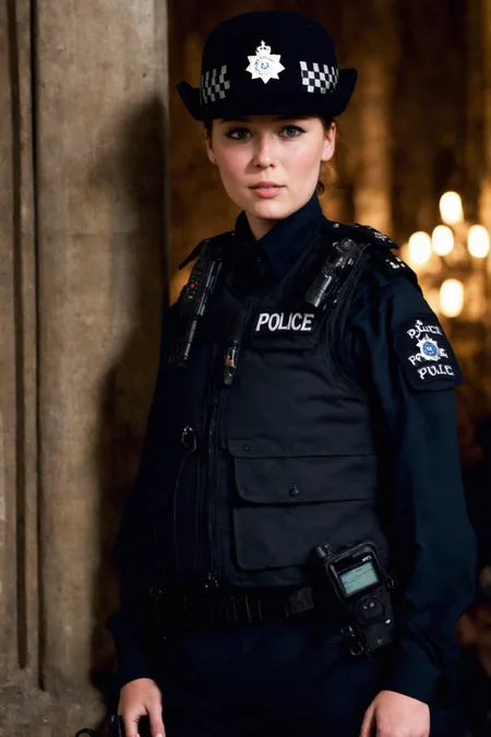 a young woman, <lora:ConstableUniform:1>constableuniform, uniform, hat badge, headwear, black constable hat, police uniform, dark blue collared shirt, black police utility belt, long sleeves, black pants, black footwear, ((solid black necktie)), ((black pulletproof vest)), walkie-talkie, "POLICE" nametag above own left breast pocket, (detailed face), (detailed lips), (detailed eyes)