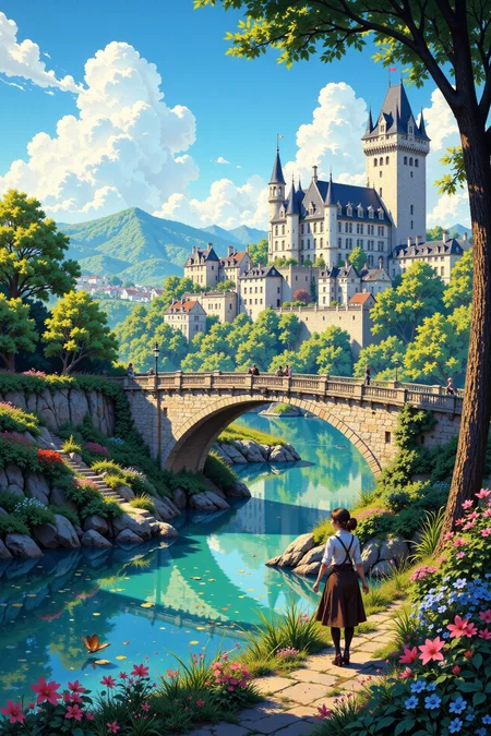 Loire Valley bridge beautiful anime landscape, morning, woman, very intricate, very detailed, sharp, bright, colorful, <lora:Hand v2:0.5> <lora:Anti-Blur:1><lora:Insane Detail Slider:0.25> <lora:flux.1_lora_flyway_Epic-detail_v2:0.3> <lora:fluxenhancer:0.25> <lora:ROWER:0.6> <lora:flux-charmer-v1-1:0.4> <lora:Colorful_Fantasy_Art_for_FLUX:1> fantasy art