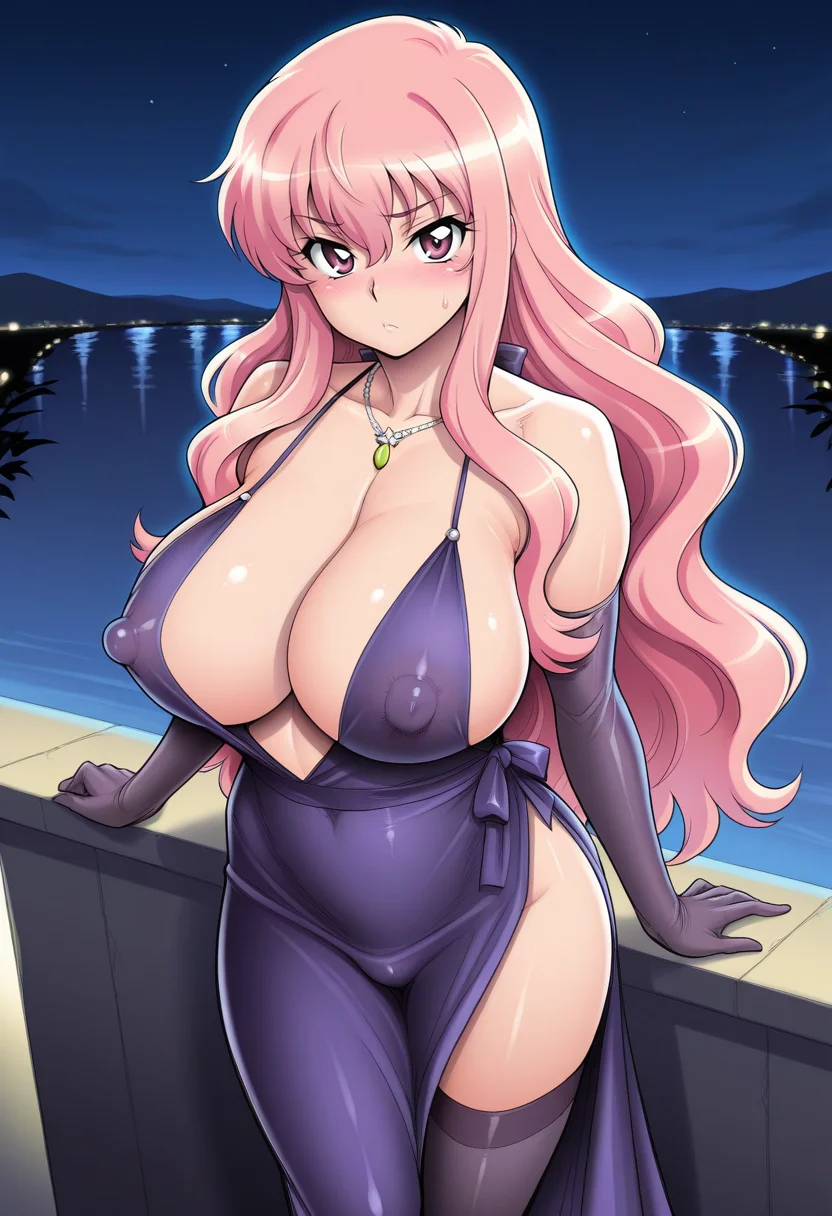 masterpiece, best quality,
 <lora:Kakugari_Kyoudai:1> K4k0g4r1K100d41,  1girl, solo, standing, looking at viewer, blush, louise francoise le blanc de la valliere, pink hair, huge breasts, cocktail dress, revealing clothes, cleavage, collarbone, necklace, elbow gloves, thighhighs, covered nipples, outdoors, night,