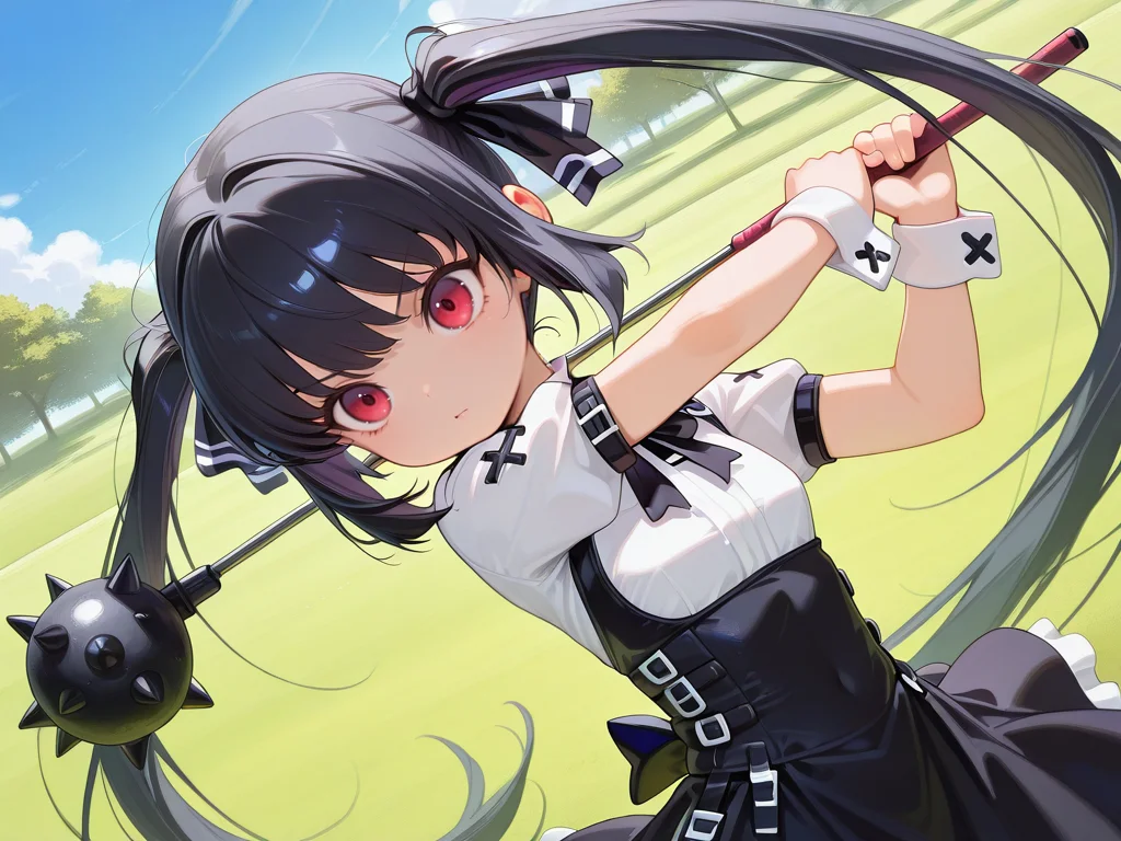dutch angle,foreshortening,upper body,<lora:IL_kooh:0.8>,1girl,solo,pgy_ko,kooh/(pangya/),goth fashion,buckles,spiked mace /(golf club/),wrist cuffs,high neck blouse,bowtie,bow back,very long hair,<lora:IL_golf:1>,gf_pl,standing,swinging,holding golf club,golf course,close-up of face,, masterpiece,best quality,amazing quality,very aesthetic,absurdres,