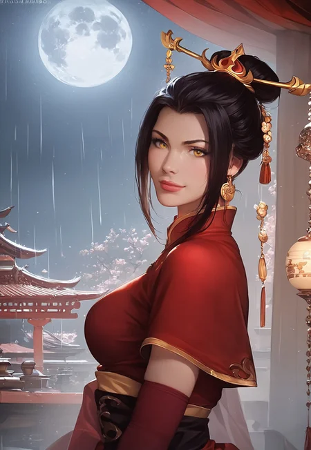 safe_pos, score_9, score_8_up, score_7_up, score_6_up, Expressiveh, zPDXL3, Photorealistic, real photo, (detailed background: night, bedroom, sakura tree, moon), realistic, dynamic pose, dramatic angle, dramatic light, wide shot, red Chinese clothes, capelet, sash, long sleeves, elbow gloves, black hair, yellow eyes,
(1girl, <lora:azula-book2-ponyxl-lora-nochekaiser:1>, azula, black hair, yellow eyes, topknot, sidelocks, hair bun, single hair bun, sexy, slim body, athletic body, ((medium breasts)), ((extra long red stocking with oriental ornament:1.4)), looking at viewer, eager, flirty eyes, adorable girl, perfect face,
confident look, naughty look, (lusty grin)), night time, raining outside,