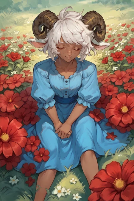 score_9, score_8_up, score_7_up, BREAK 1girl, solo, <lora:tezy8_pd_dora:1> sheep horns, sheep girl, <lora:Bullet_BB:1> bulletbb, dark skin, scar on face, short hair, blue dress, sitting, smile, sleepy, flower field, red flowers