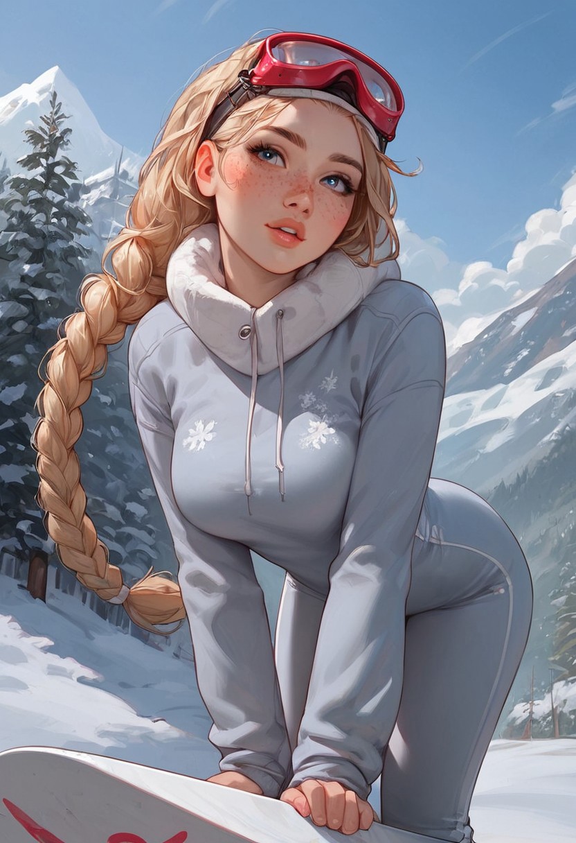 PG-13, score_9, score_8_up, score_7_up, score_6_up, score_5_up, score_4_up, Expressiveh, 18 year old girl, cute innocent girl, petite, slender body, large perky round breasts, ((freckles)), ((full pouty lips)), slim legs, braided BLONDE hair,
1girl, solo, posing, bending over, leaning on snowboard, low angle, flashing boobs,
fully dressed, clothed, wearing tight snow onesie, skiing outfit, tight snow pants, winter clothes, ski goggles and headband
in the snow on a mountain side, next to wooden chalet in the swiss alps, snow covered, sunny weather, snowy mountain panorama in the background