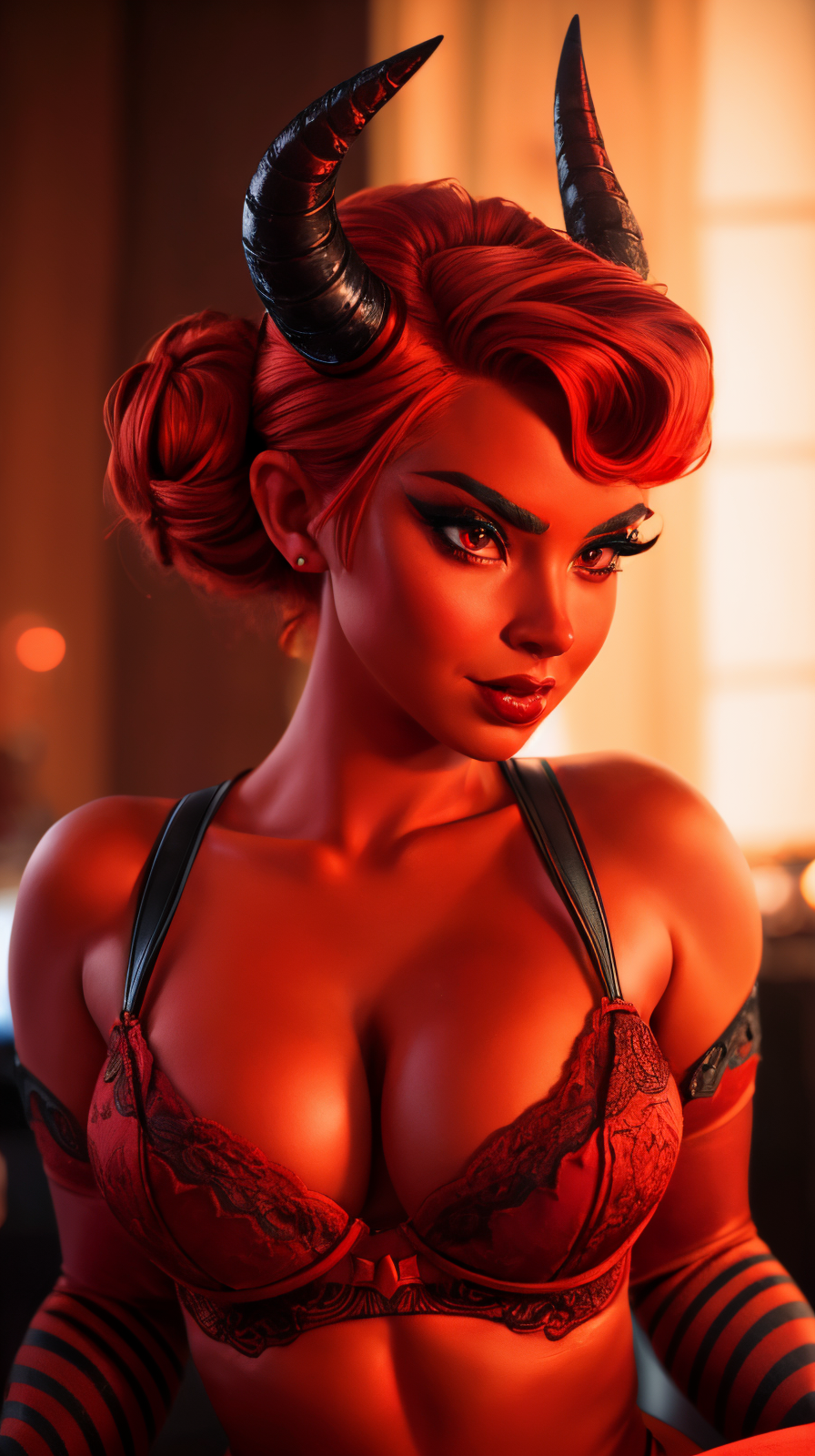 <lora:Sexy-Demon:0.8> demon, red skin, red updo hair, horns, sexy clothing, bra, fantasy, posing, looking at viewer, ultra-detailed, best quality, depth of field, hdr, <lora:more_details:0.8>, photo taken on Sony A7R V, (masterpiece: 1.2)
