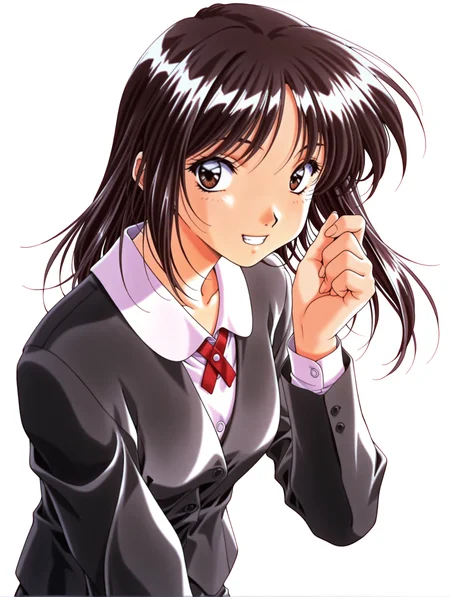 masterpiece,best quality,newest,
1girl,solo,
<lora:morii_kaho_ilxl_v1.0:1>,kaho,black hair,brown eyes,k_clothes,jacket,long sleeves,1990s \(style\),retro artstyle,
<lora:Fixhands_anime_bdsqlsz_V1:1>,white_background,simple_background,looking_at_viewer,hand in own hair,hair down,upper_body,grin,