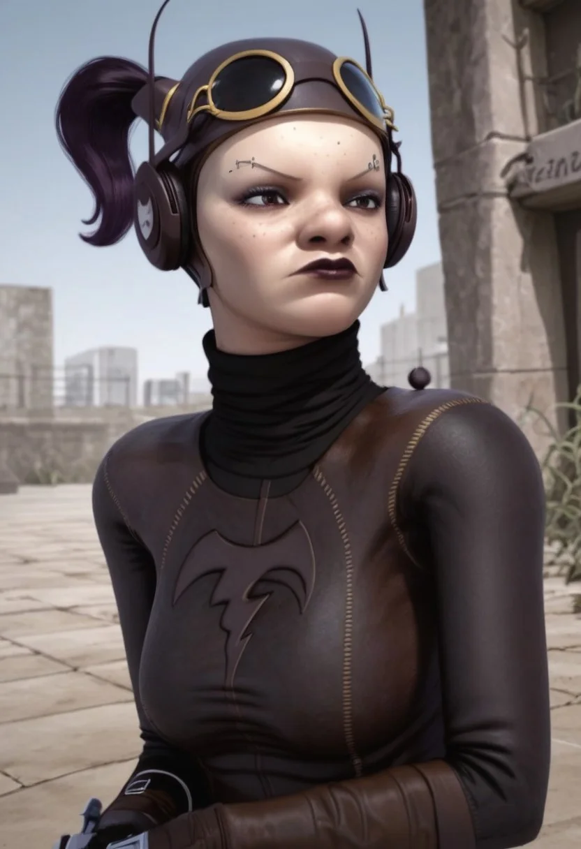 1girl, freckles, brown eyes, thin eyebrow tattoos, dark purple hair, dark lipstick, brown leather helmet, goggles on head, brown headphones, gloves, boots, turtleneck, black and brown bodysuit, realistic, score_8_up, score_7_up, BREAK, 1girl, solo, closeup, head down, frown