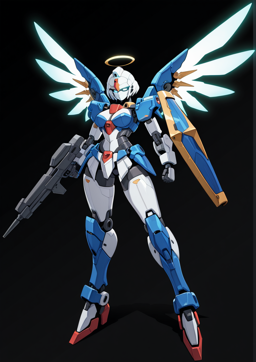 <lora:Robo_Girls:1>, robogirlz, robot, white skin, full body, armor, metal clothes,  glowing eyes,(gundam:0.5), beam rifle, shield, breasts, blue armor, white armor,  <lora:mechanical_wings-000007:1>, mechanical_wings, angel wings