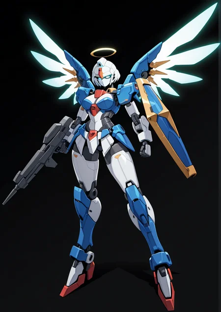 <lora:Robo_Girls:1>, robogirlz, robot, white skin, full body, armor, metal clothes, glowing eyes,(gundam:0.5), beam rifle, shield, breasts, blue armor, white armor, <lora:mechanical_wings-000007:1>, mechanical_wings, angel wings