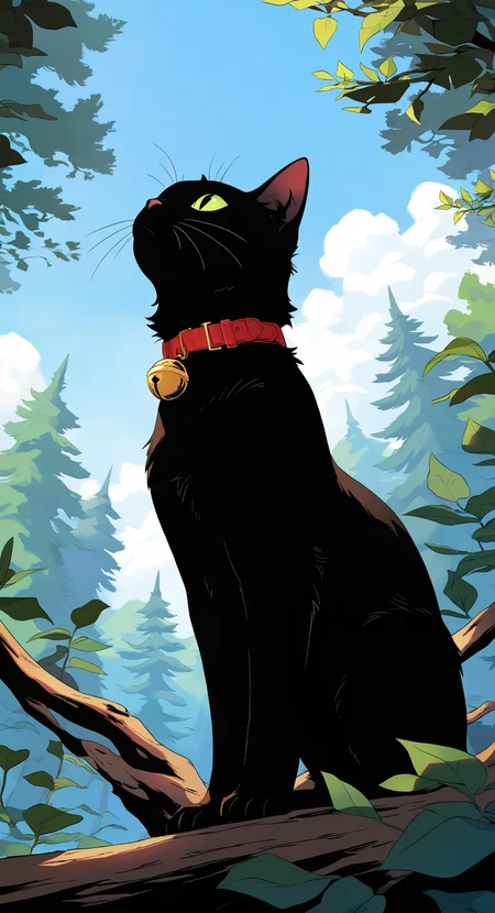 masterpiece, best quality, good quality, very awa, very aesthetic, absurdres, newest,  solo, sitting, green_eyes, outdoors, sky, day, cloud, collar, blue_sky, tree, no_humans, bell, animal, leaf, low view,cat, looking_up, nature, jingle_bell, neck_bell, forest, animal_focus, black_cat, animal_collar, red_collar, whiskers, black_fur, in_tree <lora:ponyv6_noobV1_2_adamW-000017:0.7> <lora:MeMaXL4:0.75> <lora:Lofi_style:0.4>