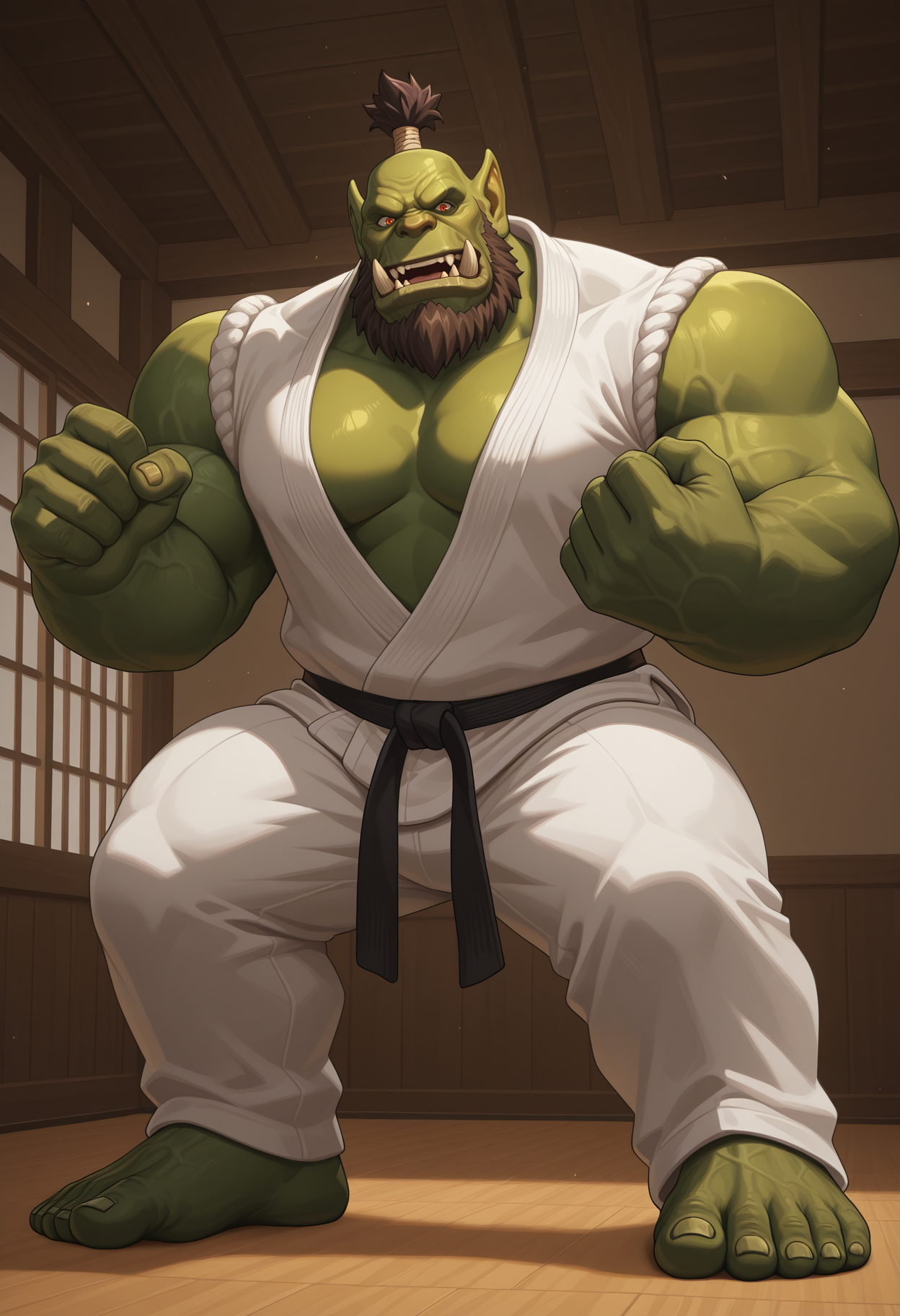 solo, 1boy, male focus, muscular, beefy, big pecs, broad shoulders, thick thighs, 0rcw0w, orc, tusks, pointy ears, green skin, orange eyes, karate, dynamic pose, fighting stance, karate outfit, beard, dojo, indoors, open mouth,  perfect anatomy, masterpiece, perfect quality, best quality, detailed, newest, very aesthetic    <lora:Orc_WoW_V2_ILXL:0.8500000000000002> <lora:or_22:0.30000000000000004> <lora:WolfConF_Style_V2_ILXL:0.3500000000000001>