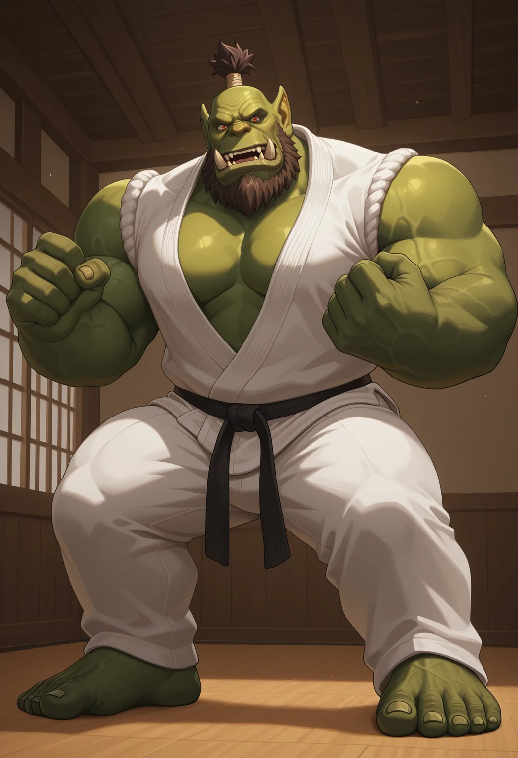 solo, 1boy, male focus, muscular, beefy, big pecs, broad shoulders, thick thighs, 0rcw0w, orc, tusks, pointy ears, green skin, orange eyes, karate, dynamic pose, fighting stance, karate outfit, beard, dojo, indoors, open mouth,  perfect anatomy, masterpiece, perfect quality, best quality, detailed, newest, very aesthetic    <lora:Orc_WoW_V2_ILXL:0.8500000000000002> <lora:or_22:0.30000000000000004> <lora:WolfConF_Style_V2_ILXL:0.3500000000000001>