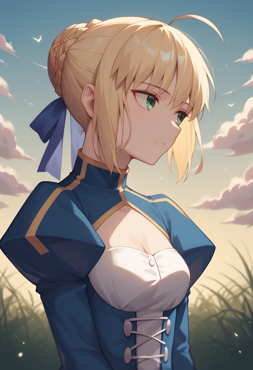 score_9,score_8_up,score_7_up,1,<lora:stay_night_all:1>,1girl, ahoge, artoria_pendragon_\(fate\), blonde_hair, blue_dress, blue_ribbon, cleavage_cutout, cloud, commentary, green_eyes, hair_ribbon, hair_up, highres, juliet_sleeves, looking_afar, medium_breasts, outdoors, saber_\(fate\), sidelocks, sky, solo, standing, two_side_up, upper_body, white_dress