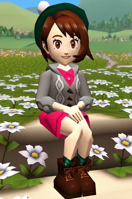 score_9, score_8_up, score_7_up, BREAK, 1girl, solo, Gloria, bob cut, pink dress, grey cardigan, green headwear, tam o' shanter, brown footwear, boots, plaid socks, green socks, smile, looking at viewer, full body, sitting, countryside, flowers, outdoors, scenery, n64zeldastyle, 3d, polygonal<lora:EMS-445243-EMS:0.600000>, <lora:EMS-431159-EMS:1.000000>