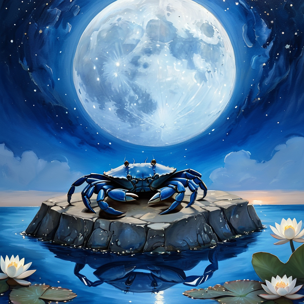 ArsMJStyle, Cancer, The image shows a crab perched on a rocky shore, bathed in the soft glow of a crescent moon. The crab's shell is a deep blue, with intricate silver patterns resembling the night sky. Surrounding the crab are gently illuminated water lilies floating in a calm tide pool, their petals reflecting the moonlight. The background features a tranquil ocean with gentle waves lapping against the rocks. The overall color palette is serene, with cool shades of deep blue, silver, and soft white, creating a peaceful, mystical atmosphere., no humans, animal, crab, shell, water, moon, crescent moon, ocean, night, serene, glowing, water lilies, rocks, soft light, tranquility Score_9, score_8_up, score_7_up, score_6_up,   <lora:ArsMJStyleXL-000004:1>,