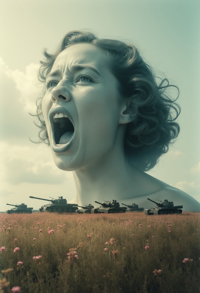 "A double-exposure photograph: a screaming face overlapping with a still meadow, soft pinks and blues blending into gritty black-and-white, tanks looming like ghosts, a raw, shaky handheld feel, dreamy yet unsettling." cinematic_1940s cinematic_octane