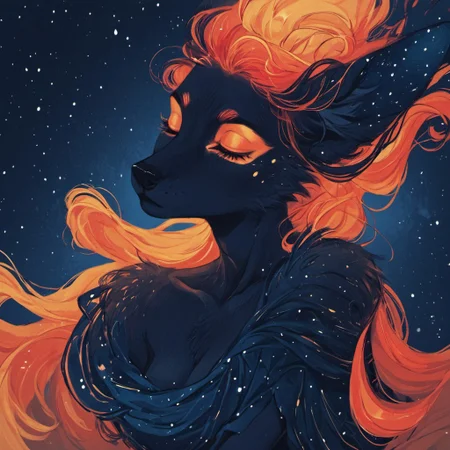 score_9, score_8_up, score_7_up, folded ears, Create a colorful abstract highly detailed image, a vibrant digital artwork depicting a serene female anthro fox figure with her eyes closed and her head tilted upwards. Her long, wavy copper hair falls down her back and is interwoven with intricate patterns of swirling colors. The background is a rich, dark blue night sky with glowing stars and abstract, colorful spheres. The figure's face is adorned with soft, gentle features and a serene expression, her lips slightly parted as if she is in a state of meditation or bliss. The artwork is a mix of surrealism and expressionism with an emphasis on rich, flowing textures and vibrant color gradients. The background features a mix of geometric and organic shapes, including circular and rectangular shapes in shades of blue, orange, yellow, and green, creating a sense of depth and movement. The figure's hair blends seamlessly into these patterns, adding to the overall fluidity of the work. The colors are intensely saturated, with deep blues, fiery oranges, and warm yellows dominating the scene. Textures vary from soft, flowing hair to rough, swirling patterns in the background, enhancing the dreamlike quality of the artwork. th3d4rk, darkness, shadow
