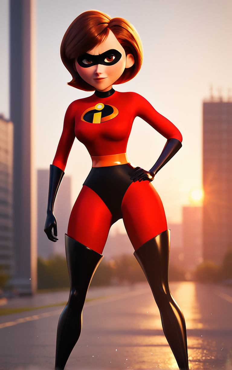 score_9, score_8_up, score_7_up, score_6_up, looking at viewer, 
1girl, black mask, boots, breasts, brown eyes, brown hair, domino mask, gloves, latex, latex gloves, mask, red bodysuit, redbodysuit_helenparr_ownwaifu, short hair, superhero, swept bangs, thighhighs
(contrapposto, hand on hip), sunset, sidelighting, <lora:PonyXL_RedBodySuit_HelenParr_ownwaifu:1>,
 depth of field, light particles,