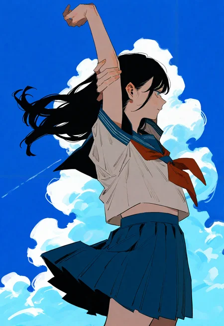 hachinuki tetsuyo, (go e 0000:1.2), (xilmo:1.1), (96yottea:0.8), painting \(medium\),
1girl, solo, black hair, long hair,
school uniform, serafuku, red neckerchief, sailor collar, pleated skirt, blue skirt,
floating hair, floating clothes,
standing, blue sky, cloud, arm up, hand on own arm, stretching,
from side,
masterpiece, high quality, highres, absurdres, very awa, very aesthetic, (perspective:1.1),
<lora:owk_bsh_yy:0.5>,
<lora:sample:1>
