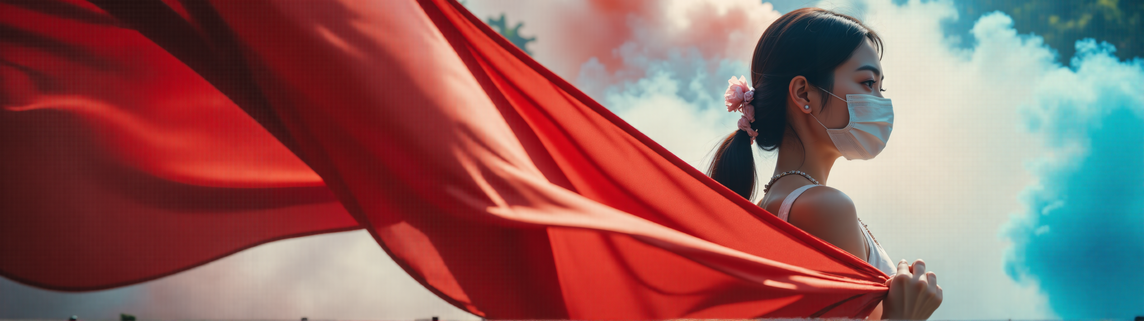 cinematic and dramatic advertising, very beautiful  japanese celebrity girl  holding a very long flowing waving indonesian red and white flag, face mask, dynamic pose,multicolored heavy smoke background,professional advertising photography,midjourneyv6.1,  <lora:MidjourneyV6.1:0.65>