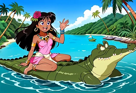 Tick tock crocodile,male animal focus,tail, crocodile open large mouth ,green skin, blue eyes, Tick Tock the crocodile is he giant and very huge size,teeth, swimming in water,partially submerged,Tick Tock the crocodile looking at a young Choi mochimazzi who she is sitting on Tick Tock the crocodile belly floating on the water on his back. Choi mochimazzi tamako market anime,long hair, black hair, dark-skinned female,smal size, purple eyes, egyptian cloth, chest_band,rose dress jewelry, dark skin, smile, necklace,hair flower, bracelet, anklet, barefoot,open mouth,river,palm trees, jungle tropical,indigenous village, Disney, anime, manga