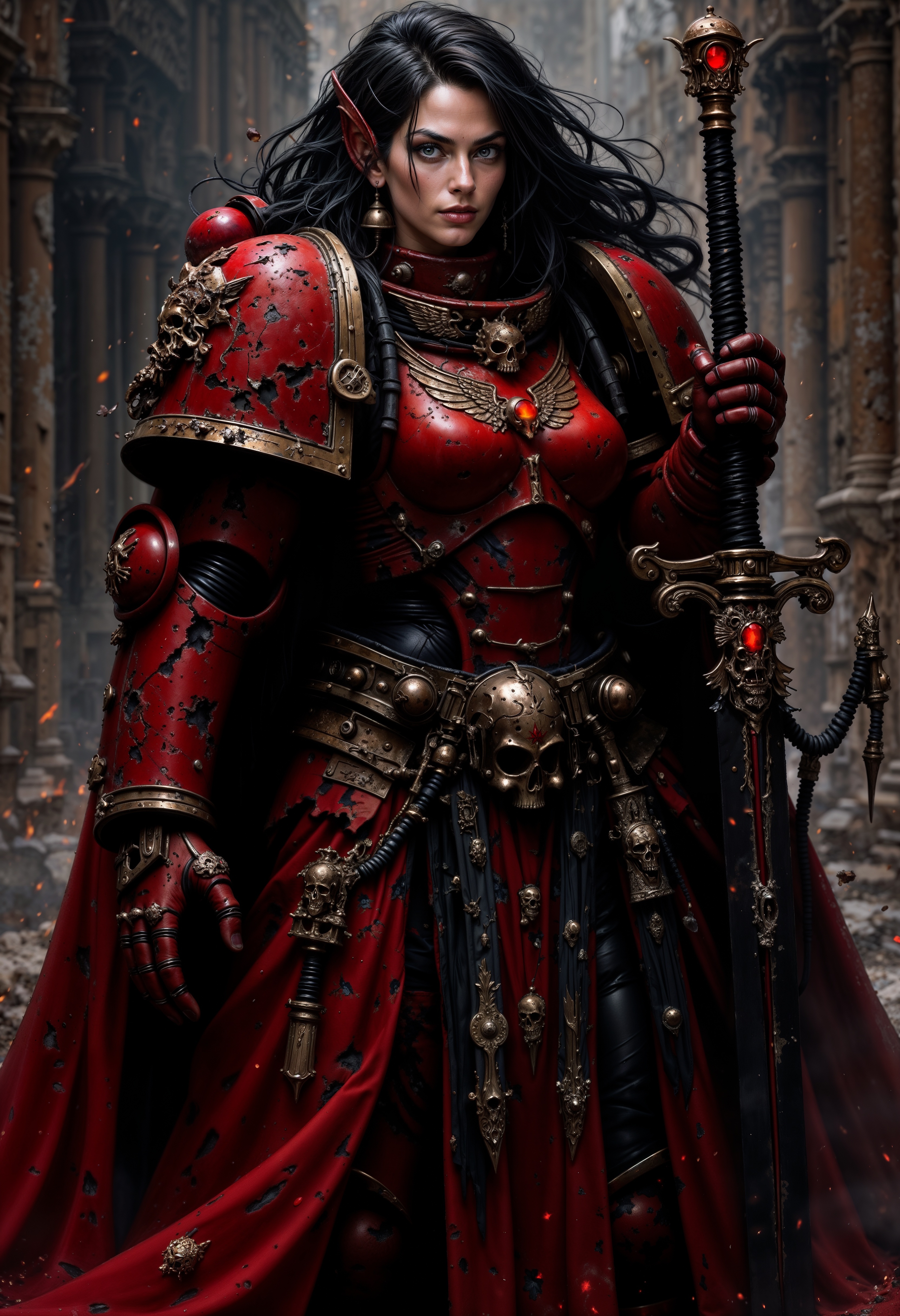 BloodA40K queen holding an ancient sword by the handle. wearing ragged gothic red armor. an eye shaped ruby in the pommel of the weapon glowing with the sinister red light of an ancient evil, the blade itslef is a pure black color and a sheen of red light reflects of its worn surface, obsidian landscape, flowing black hair, red eyes, serious expression <lora:FluxBloodA40K:0.9> <lora:FluxMythP0rtr4itStyle:0.6> mythp0rt,