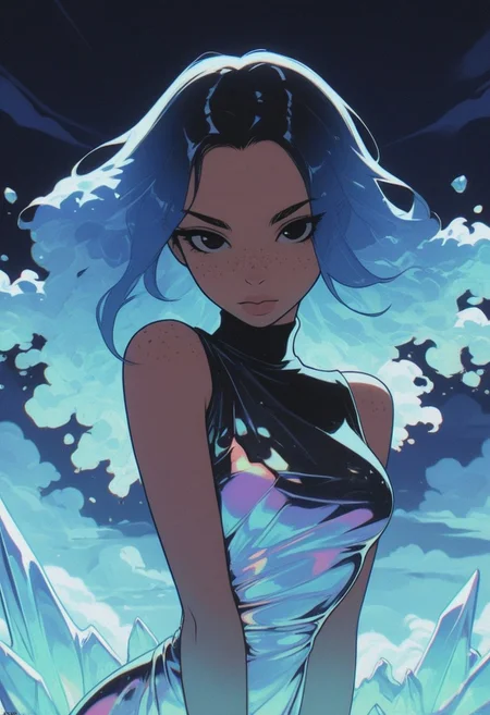 SPNGS, (masterpiece), (best quality), (ultra-detailed), amazing quality, very aesthetic, illustration, perfect composition, intricate details, absurdres, incredibly absurdres, shiny skin, realistic, 1girl, solo, hair, translucent hair, blue hair, upper body, iridescent hair, long hair, black eyes, elegand minimalist dress, looking at viewer, shiny, artist name,dynamic pose, artistic pose, fluffy ice clouds,freckles,((glowing)) ice, strong light,facing viewer, [:sweater underneath,:0.15]