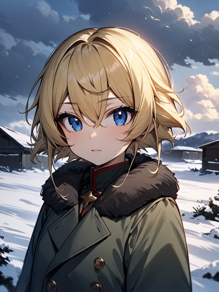 masterpiece,high resolution,
TanyaDegurechaff, 1girl, solo, looking at viewer, short hair, blue eyes, blonde hair, hair between eyes, upper body, outdoors, cloud, uniform, coat, fur trim, cloudy sky, snow
 <lora:tanya_XL:0.6>