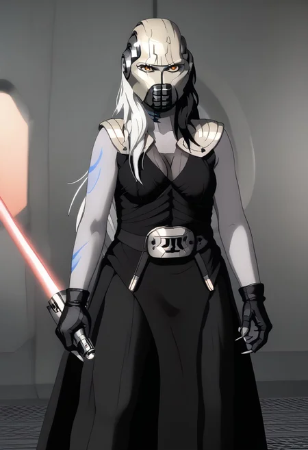 White and black hair,black,split-color hair, long hair, red eyeliner,grey skin,ayameMashiba,body tattoos, orange eyes, full body,1girl, white hair, face paint, sith eyes,eyeliner,1girl, solo, yellow eyes,starkiller-armor, star wars, science fiction, robot, mecha, claws, armor, aircraft, no humans, realistic, helmet over face, military, alien, face helmet,
full body, spacecraft interior, holding, lightsaber, spl1th41r, two-tone hair,long hair,
female, medium breast, tall, zzLightSaber,detailerlora,clawed gloves,holding weapon,arm tattoo,large ass,claws