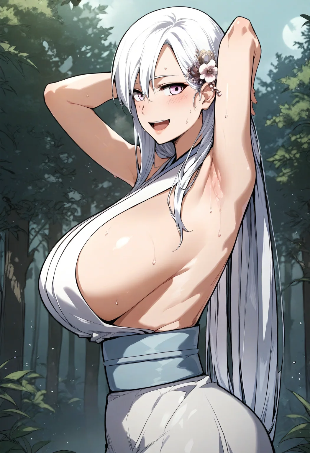 score_9, score_8_up, score_7_up, score_6_up, source_anime, rating_explicit, 1girl, solo, huge breasts, <lora:Baek Seol-hwa prefectPonyxl:0.95> long hair, white hair, purple eyes, hair between eyes, hair flower, pink eyes, white kimono, sleevesless, sideboob, sash, obi, white skirt, miniskirt, smile, embarrassed, open mouth, forest, dark, night, outdoors, (bent over:1.1), (from side:1.1), looking at viewer, arms behind head, armpits, sweat, upper body