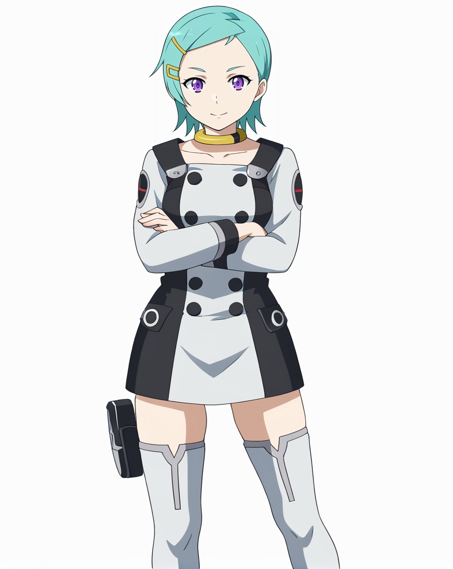 1girl, E7E, solo, purple eyes, short hair, aqua hair, collar, hairclip, MilitaryEur3ka, uniform, grey thighhighs, thigh pouch, thigh boots, high heel boots, <lora:Eureka - Eureka Seven V4-000012:0.9>, standing, white background, looking at viewer,crossed arms, facing viewer, smile, feet out of frame