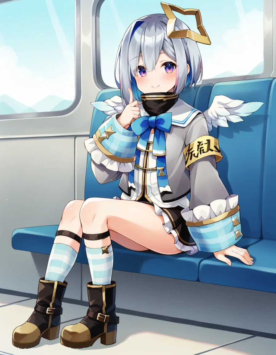 score_9, score_8_up, score_7_up, score_6_up, score_5_up, score_4_up, source_anime, anime screencap, BREAK 1girl, solo, sitting, train, full body,
<lora:Amane_Kanata_Pony:1> amane_kanata, kanata_default, star halo, multicolored hair, short hair, blue hair, grey hair, streaked hair, bangs, hair over one eye, purple eyes, flat chest, long sleeves, grey jacket, armband, angel wings, turtleneck dress, black skirt, frilled skirt, blue socks, boots,