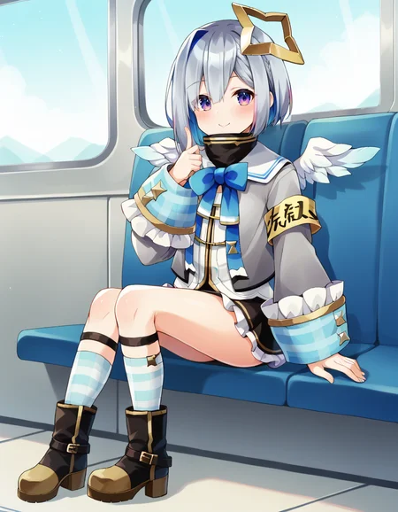 score_9, score_8_up, score_7_up, score_6_up, score_5_up, score_4_up, source_anime, anime screencap,  BREAK 1girl, solo, sitting, train, full body,
<lora:Amane_Kanata_Pony:1> amane_kanata, kanata_default, star halo, multicolored hair, short hair, blue hair, grey hair, streaked hair, bangs, hair over one eye, purple eyes, flat chest, long sleeves, grey jacket, armband, angel wings, turtleneck dress, black skirt, frilled skirt, blue socks, boots,