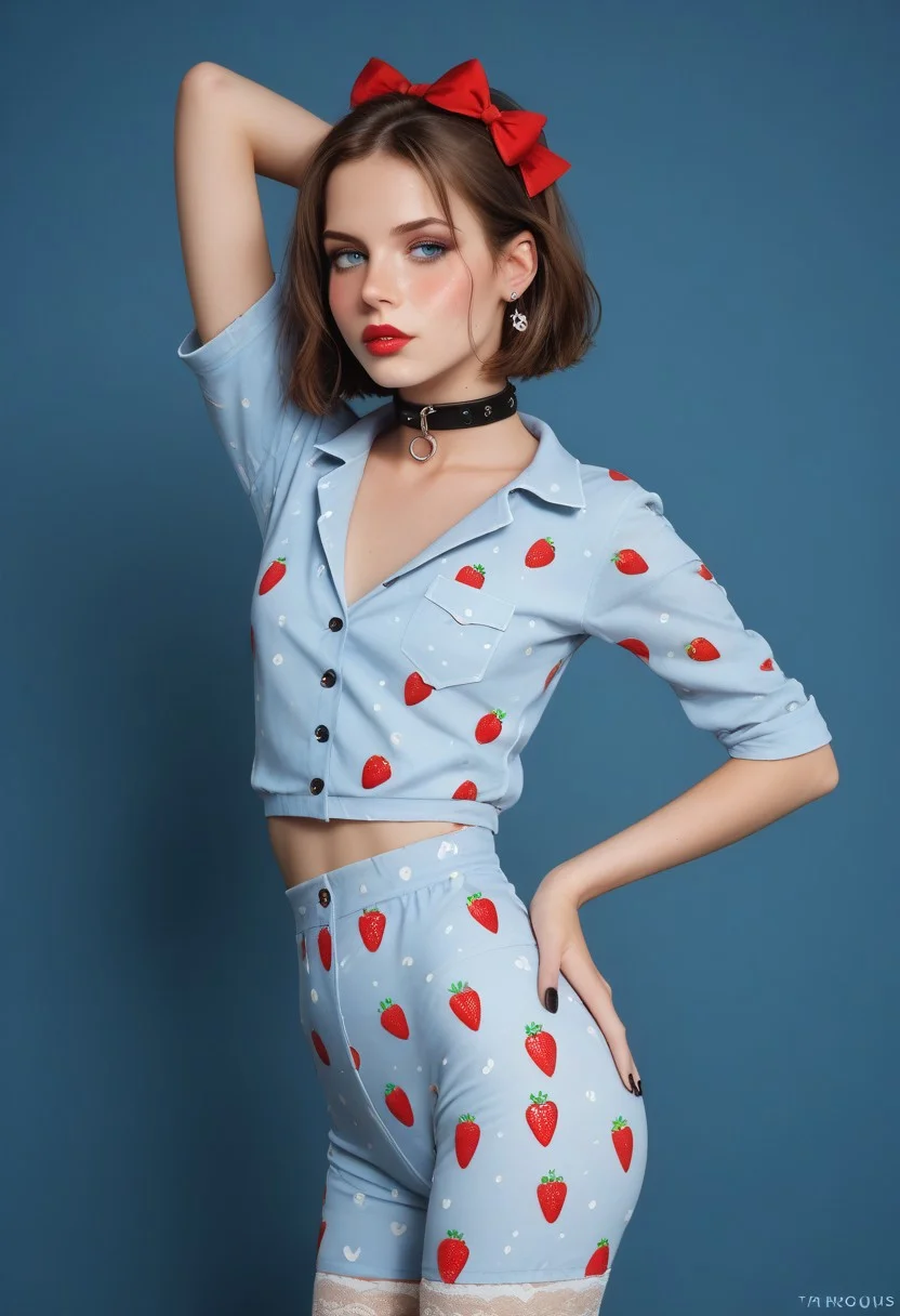 score_9, score_8_up, score_7_up, masterpiece, looking directly to camera,  Expressiveh, 1dk, portrait, 
 detailed eyes, big blue eyes,
 , 
sexy skinny feminne body, round sport ass, 
, narrow waist, bob haircut ,brown hair, 
Lace stockings, , black nails, , ear piercing, makeup, lipstick, strands, 
, submissive, thin waist, , collar,
Aroused, 
sexy, blush,, eyes widen, sweat, look on viewer,
strawberry-print pajamas, hair bow, highly detailed, intricate, contrapposto, one hand on hip, one arm up, modelshoot, cowboy shot