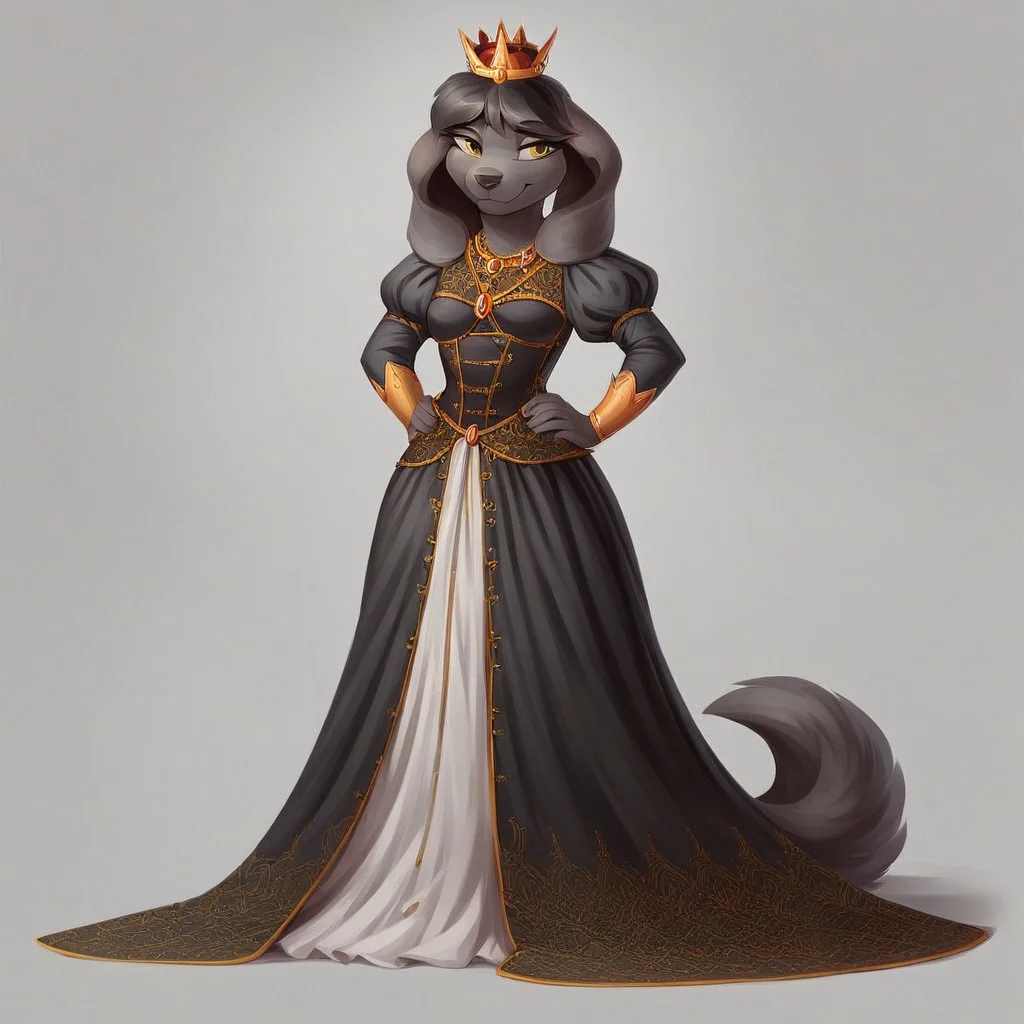 masterpiece, score_9_up, score_8_up, score_7_up, score_6_up, source_furry, (best quality:1.1), ultra-detailed, high resolution, 1dog girl, solo, Princess Molly, female, anthro, canine, (((beautiful detailed yellow eyes))), long eyelashes, black fur, (black hair with red tips), fluffy tail, big floppy ears, animal nose, smirk, small breast, hands on hips, crown, royal clothes, jewelry, necklace, puffy sleeves, full body, detailed facial features, expressiveh, simple background, highly visible, sharp focus, anatomically correct