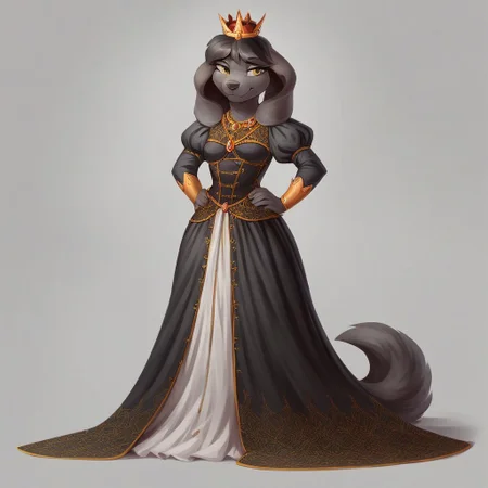 masterpiece, score_9_up, score_8_up, score_7_up, score_6_up, source_furry, (best quality:1.1), ultra-detailed, high resolution, 1dog girl, solo, Princess Molly, female, anthro, canine, (((beautiful detailed yellow eyes))), long eyelashes, black fur, (black hair with red tips), fluffy tail, big floppy ears, animal nose, smirk, small breast, hands on hips, crown, royal clothes, jewelry, necklace, puffy sleeves, full body, detailed facial features, expressiveh, simple background, highly visible, sharp focus, anatomically correct