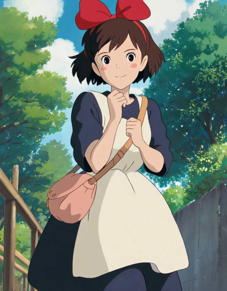 Studio Ghibli, hand-drawn animation style,
masterpiece, high score,
1girl, solo, blush, smile, short hair, brown hair, dress, bow, hair bow, hairband, outdoors, bag, black eyes, red bow, tree, blush stickers, railing, kiki \(majo no takkyuubin\),
<lora:Ghibli_xl_v2:1>