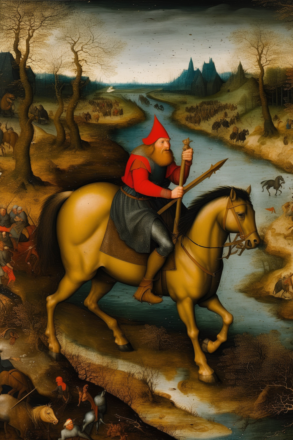 <lora:Jan Brueghel Style:1>Jan Brueghel Style - A Dutch golden age painting of Beowulf riding through polders, in the style of Pieter bruegel the elder